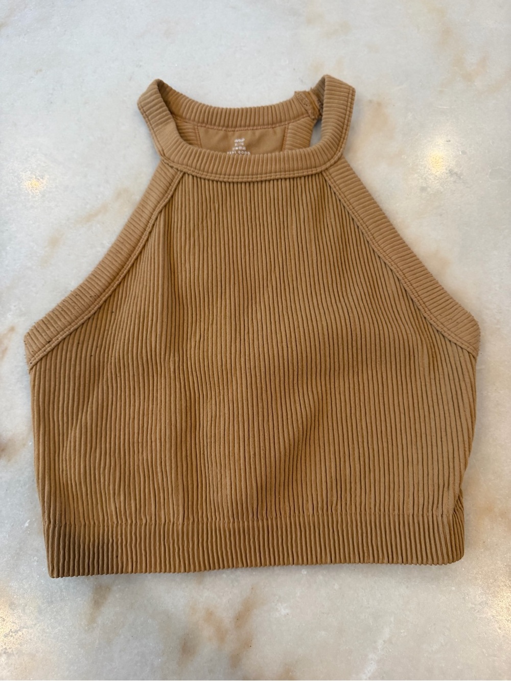 aerie Ribbed High-Neck Crop Tank Top - Camel Brown